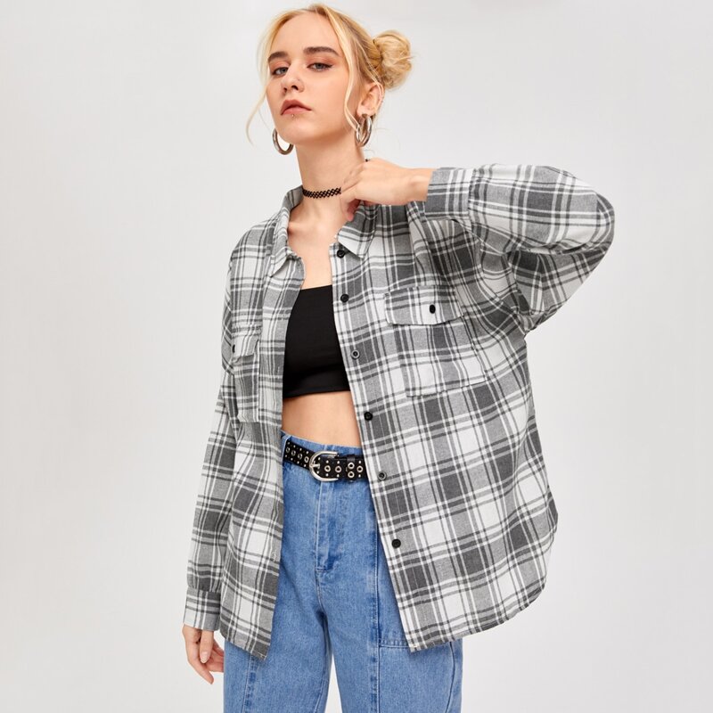 

Plaid Button Front Boyfriend Shirt, Multicolor