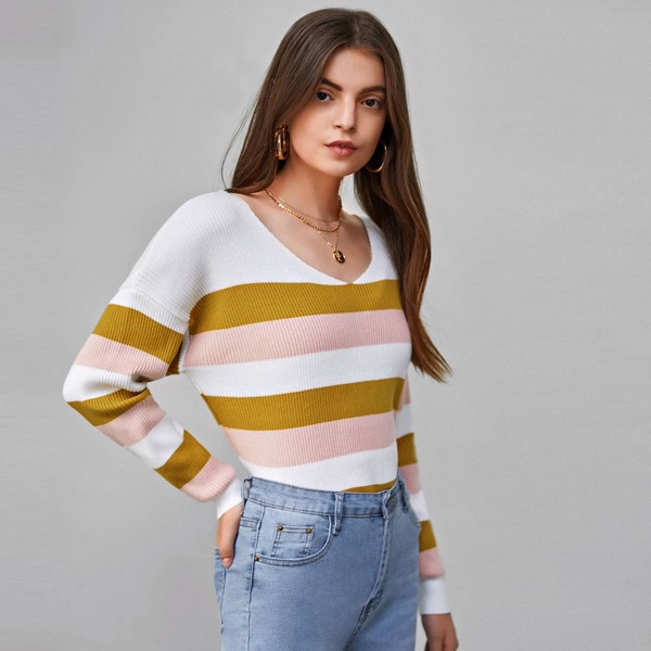 

Drop Shoulder Striped Sweater, Multicolor