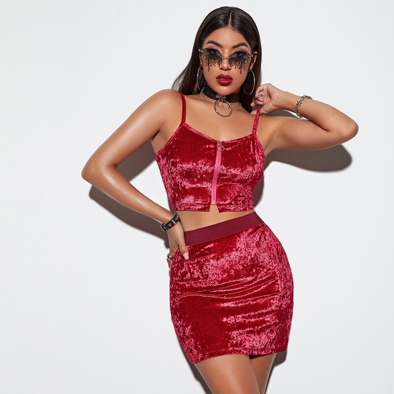 

Velvet Zip Up Cami Top With Bodycon Skirt, Burgundy