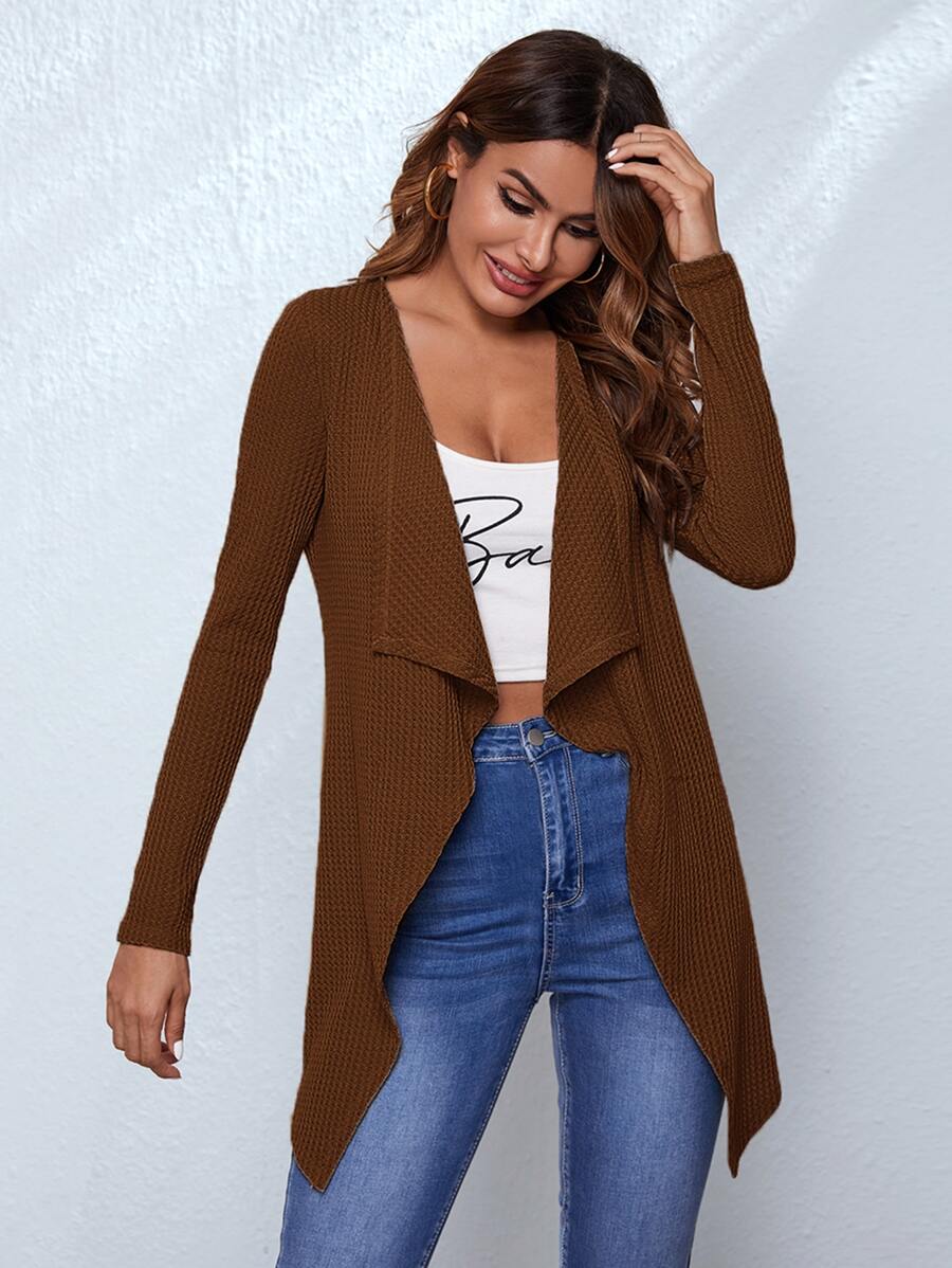 SHEIN LUNE Waffle Knit Waterfall Cardigan - Coffee Brown - View 1