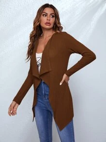 SHEIN LUNE Waffle Knit Waterfall Cardigan - Coffee Brown - View 4
