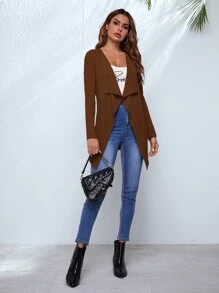 SHEIN LUNE Waffle Knit Waterfall Cardigan - Coffee Brown - View 5