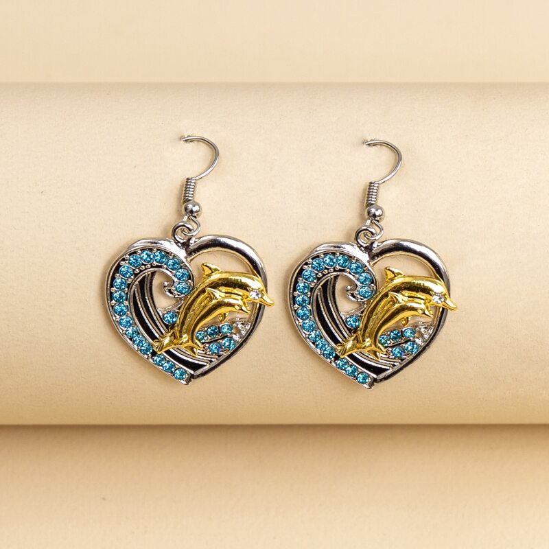 

Rhinestone Decor Heart Charm Drop Earrings, Silver