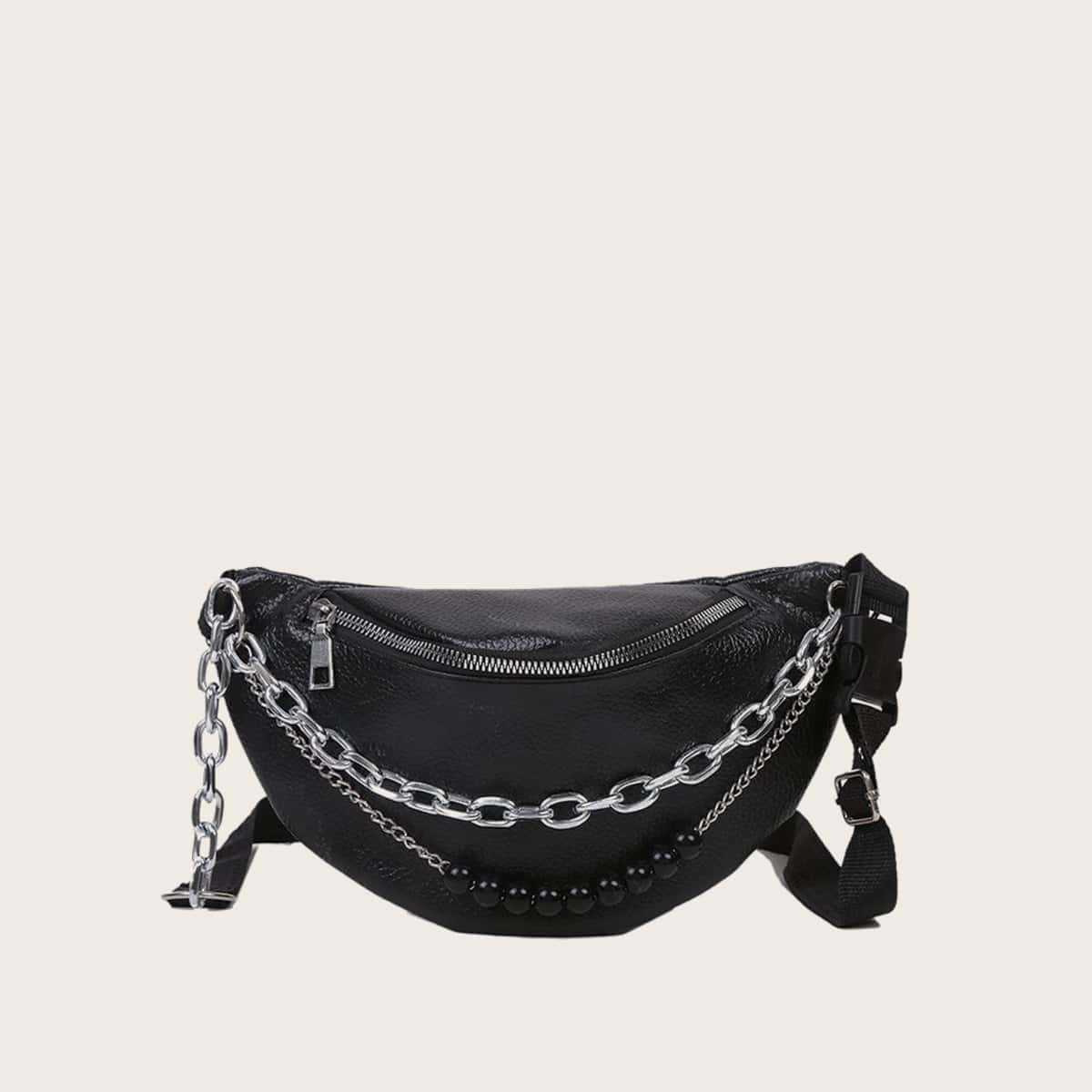 

Chain Decor Pocket Front Fanny Pack, Black