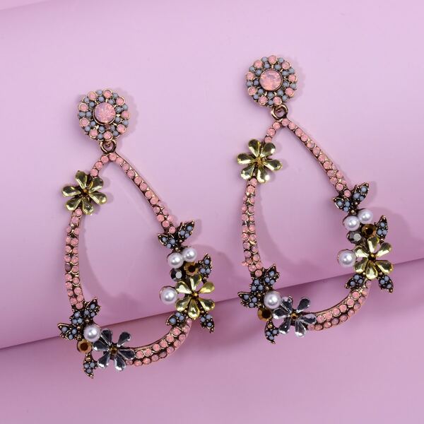 

Rhinestone Flower Drop Earrings, Pink