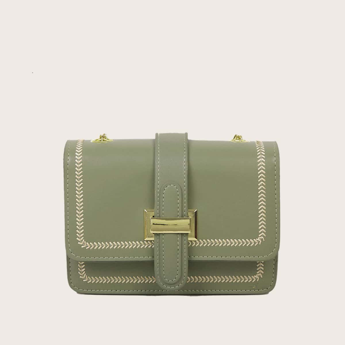

Embroidery Edge Flap Chain Bag, Green
