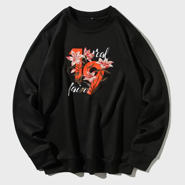 

Men Letter And Floral Print Sweatshirt, Black