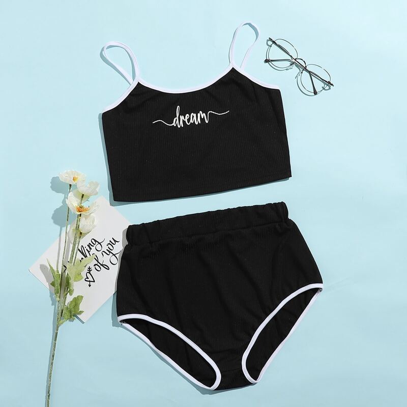

Letter Graphic Contrast Binding Cami PJ Set, Black