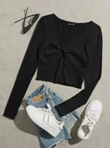 Muchica Lettuce Trim Knot Front Rib-knit Tee - Black - View 1