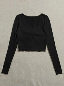 Muchica Lettuce Trim Knot Front Rib-knit Tee - Black - View 2