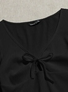 Muchica Lettuce Trim Knot Front Rib-knit Tee - Black - View 3