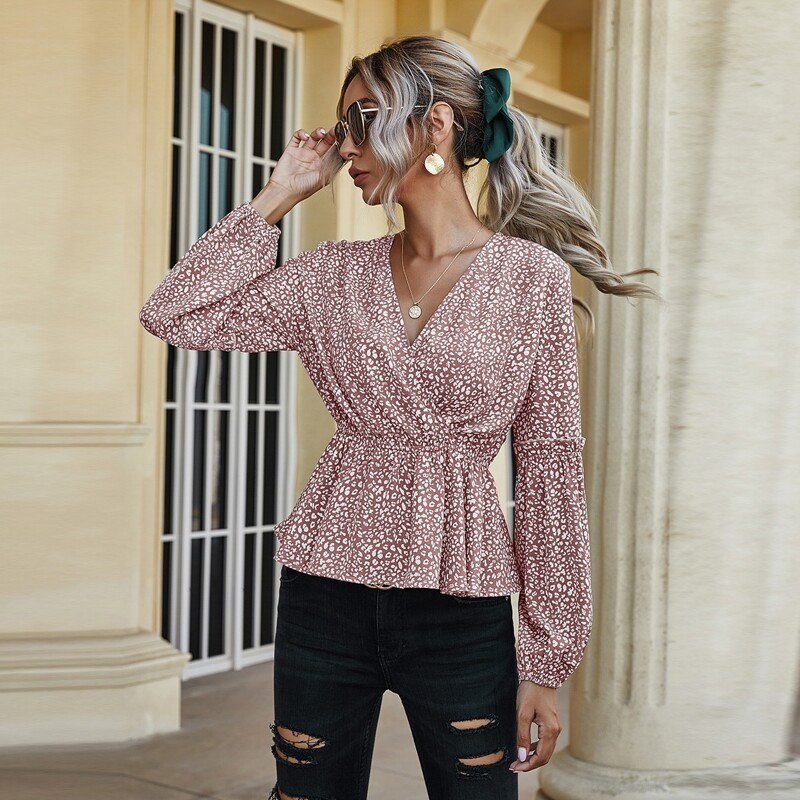 

Dalmatian Print Surplice Ruffle Hem Blouse, Dusty pink