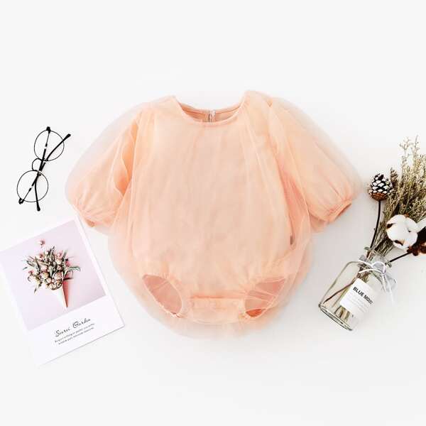 

Baby Girl Mesh Overlay Bodysuit, Baby pink
