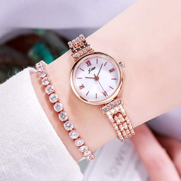 

1pc Rhinestone Decor Round Pointer Watch & 1pc Bracelet