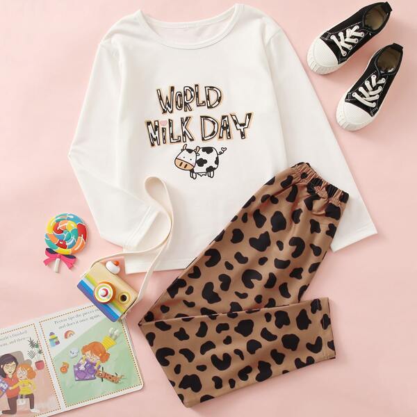 

Girls Letter And Cow Print Tee With Pants, Multicolor