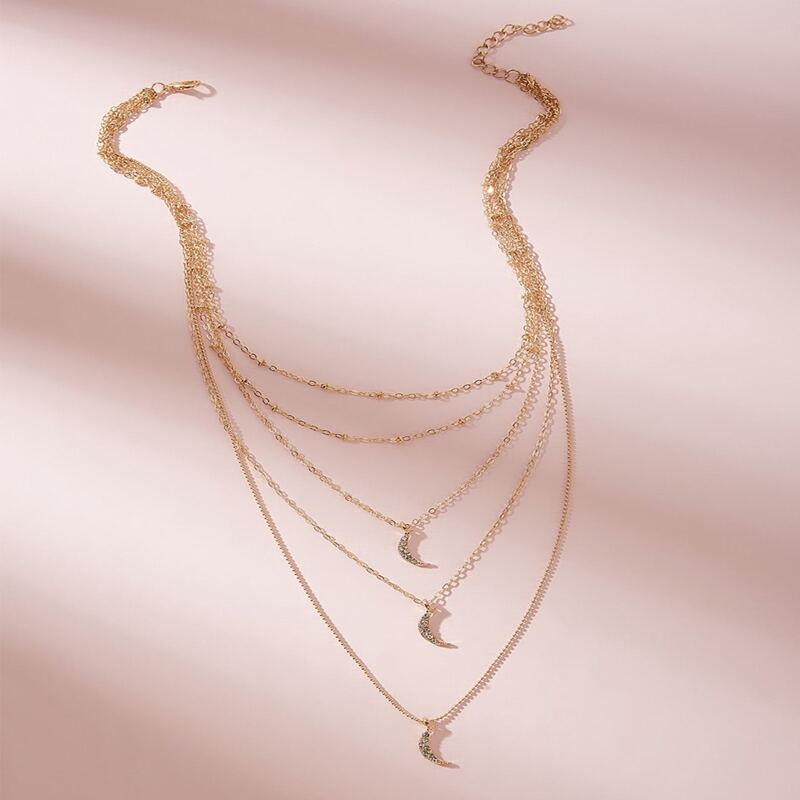 

Rhinestone Moon Layered Chain Necklace, Gold
