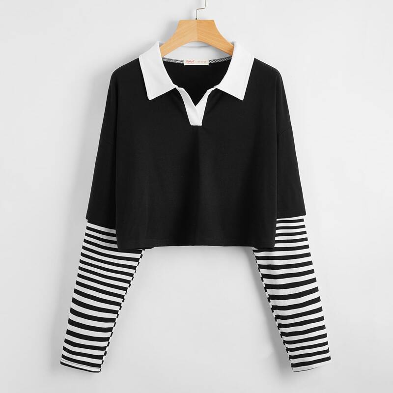 

Striped Sleeve Crop Tee, Black and white