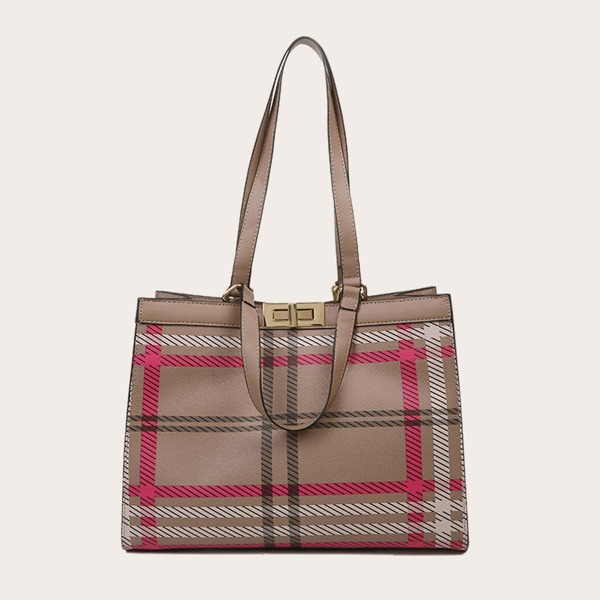 

Plaid Pattern Twist Lock Tote Bag, Khaki