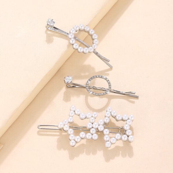 

3pcs Rhinestone & Faux Pearl Decor Hair Clip, Silver