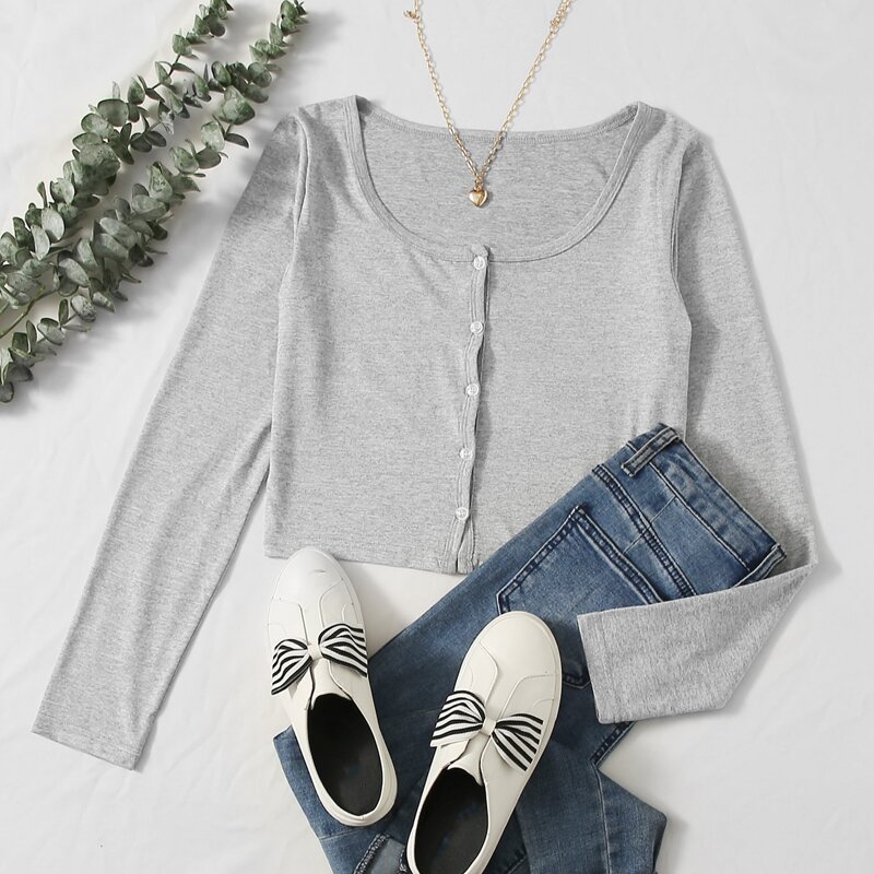 

Solid Button Front Tee, Light grey