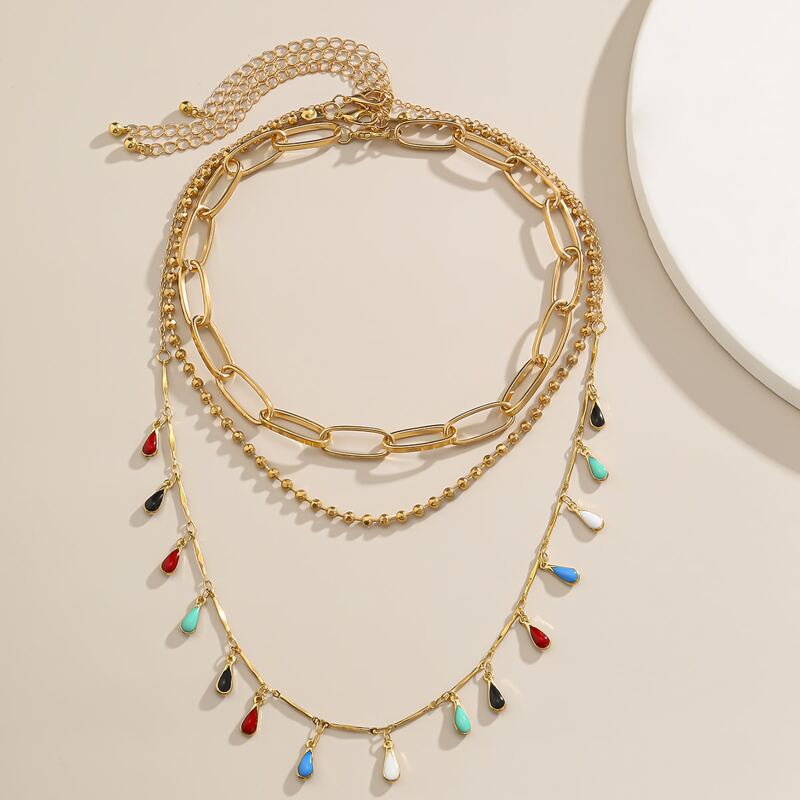 

3pcs Waterdrop Tassel Chain Necklace, Gold