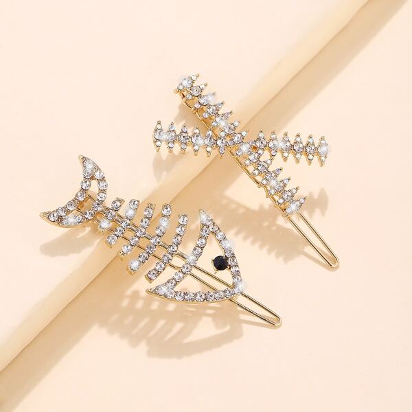 

2pcs Rhinestone & Faux Pearl Decor Hair Clip, Gold