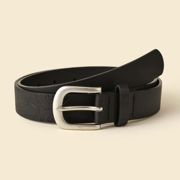 

Flower Embossed Metal Buckle Belt, Black