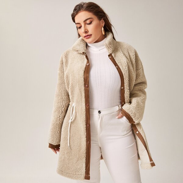

Plus Contrast Panel Drawstring Waist Teddy Coat, Beige
