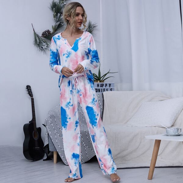 

Tie Dye Notch Neck Tee With Pants, Multicolor