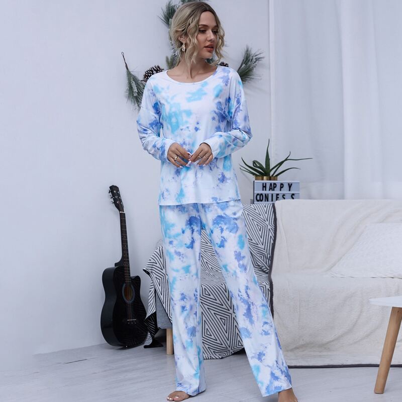 

Tie Dye Drop Shoulder Tee With Pants, Blue and white