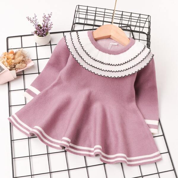 

Toddler Girls Striped Layered Pleated Sweater Dress, Dusty pink