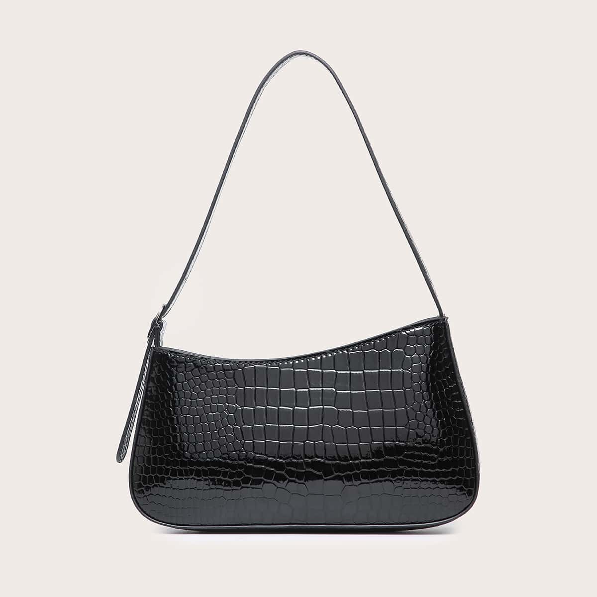 

Croc Embossed Baguette Bag, Black