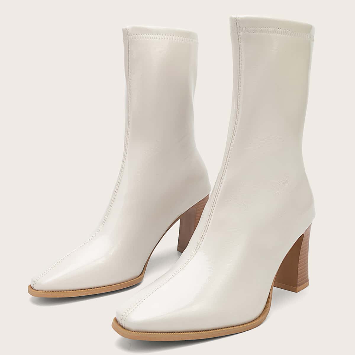 

Square Toe Chunky Heeled Boots, Beige