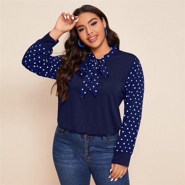 

Plus Polka Dot Tie Neck Blouse, Navy blue