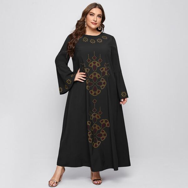 

Plus Graphic Keyhole Button Tunic Dress, Black