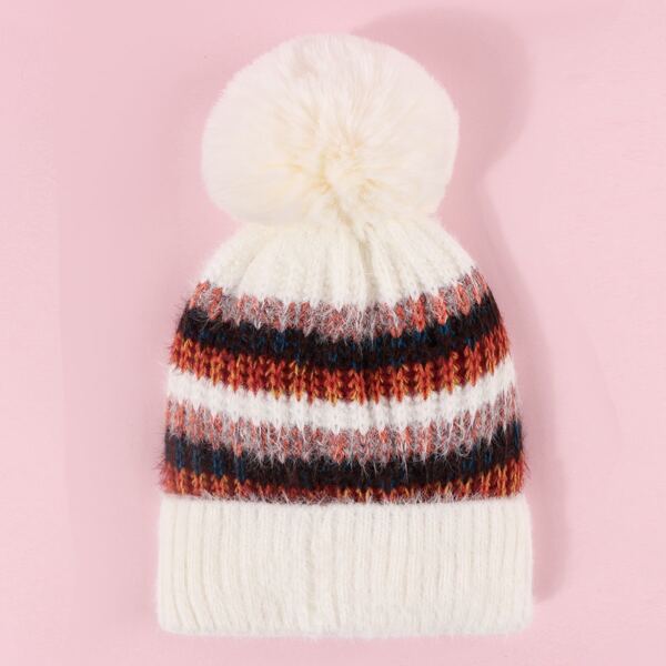 

Striped Pattern Pom Pom Beanie, White
