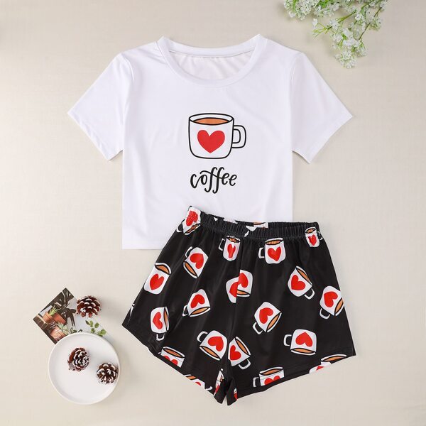 

Letter & Heart Print PJ Set, Black and white
