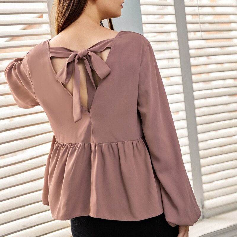 

Tie Back Lantern Sleeve Peplum Top, Dusty pink