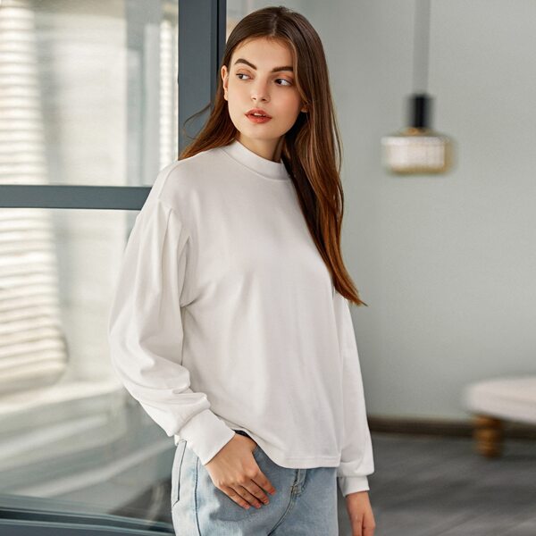 

Mock Neck Drop Shoulder Solid Tee, White