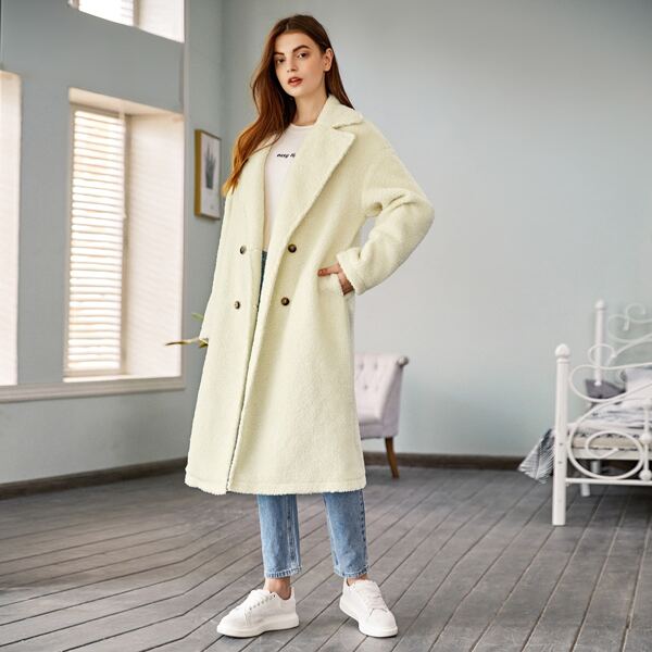 

Notch Collar Drop Shoulder Teddy Coat, Beige