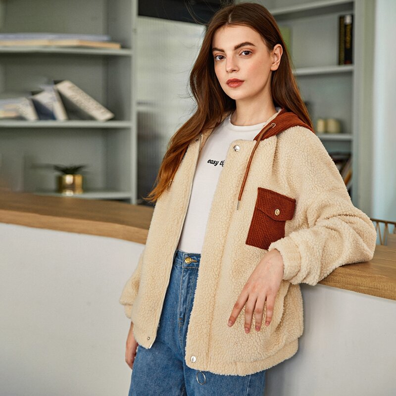 

Drop Shoulder Contrast Cord Pocket and Hooded Teddy Jacket, Apricot