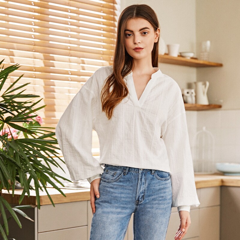 

Notch Neck Drop Shoulder Lantern Sleeve Top, White