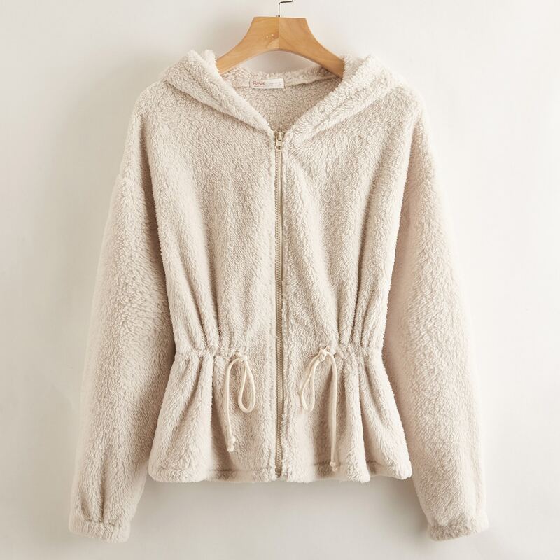 

Zip Up Drawstring Teddy Jacket, Beige
