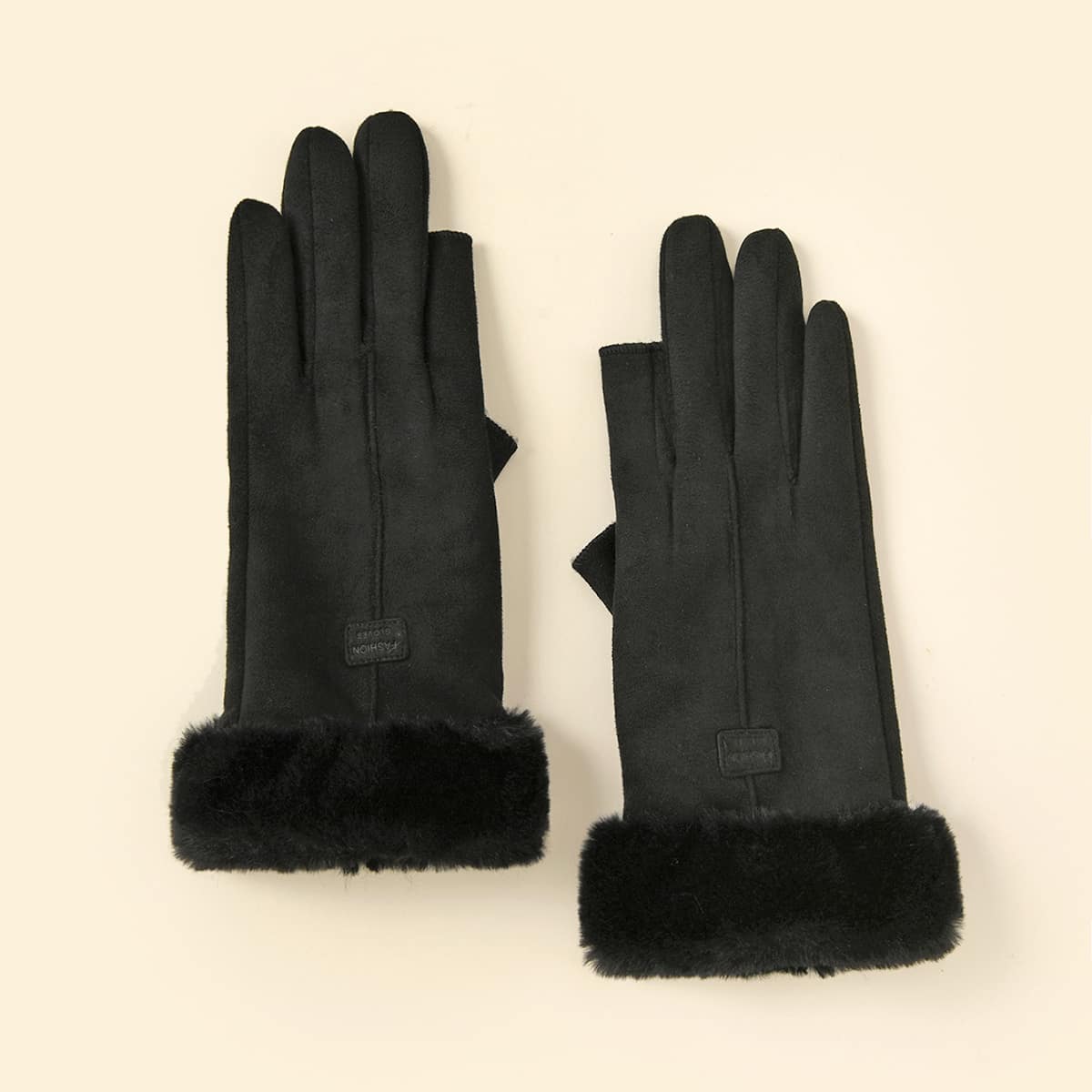 

Fluffy Trim Gloves, Black
