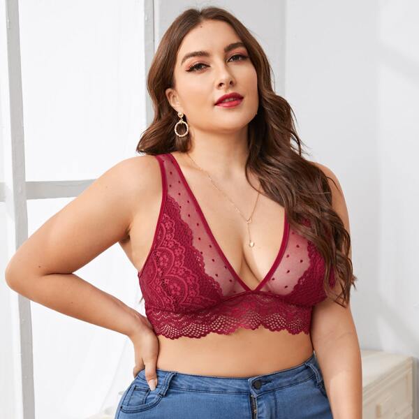 

Plus Floral Lace Dobby Mesh Bralette, Burgundy