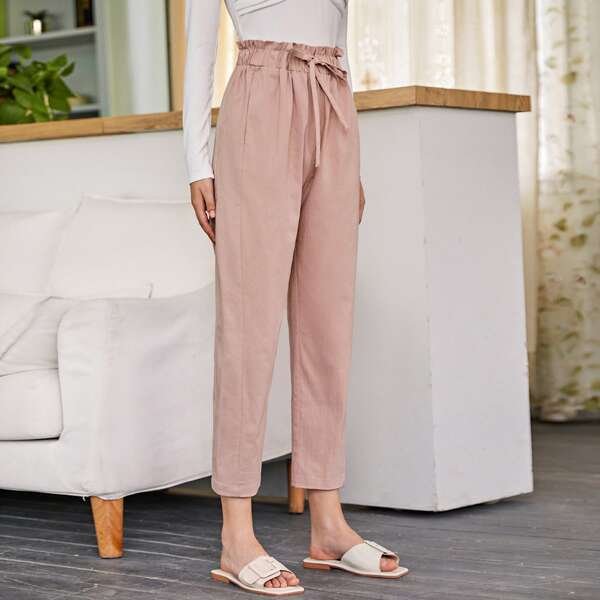 

Drawstring Paperbag Waist Slant Pocket Pants, Pastel dusty pink
