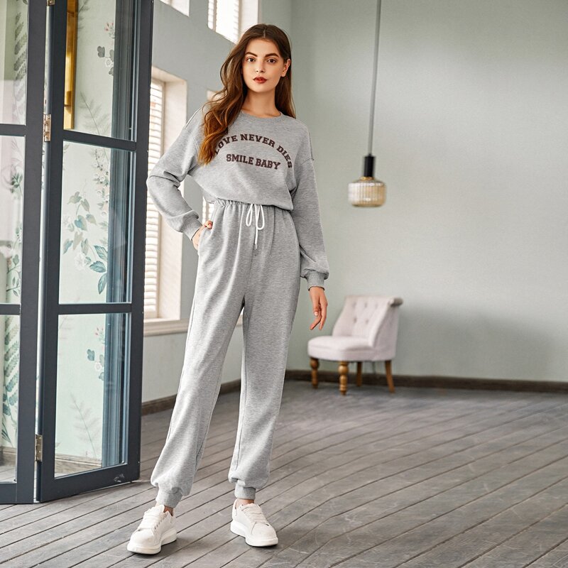 

Letter Graphic Drop Shoulder Drawstring Waist Jumpsuit, Grey