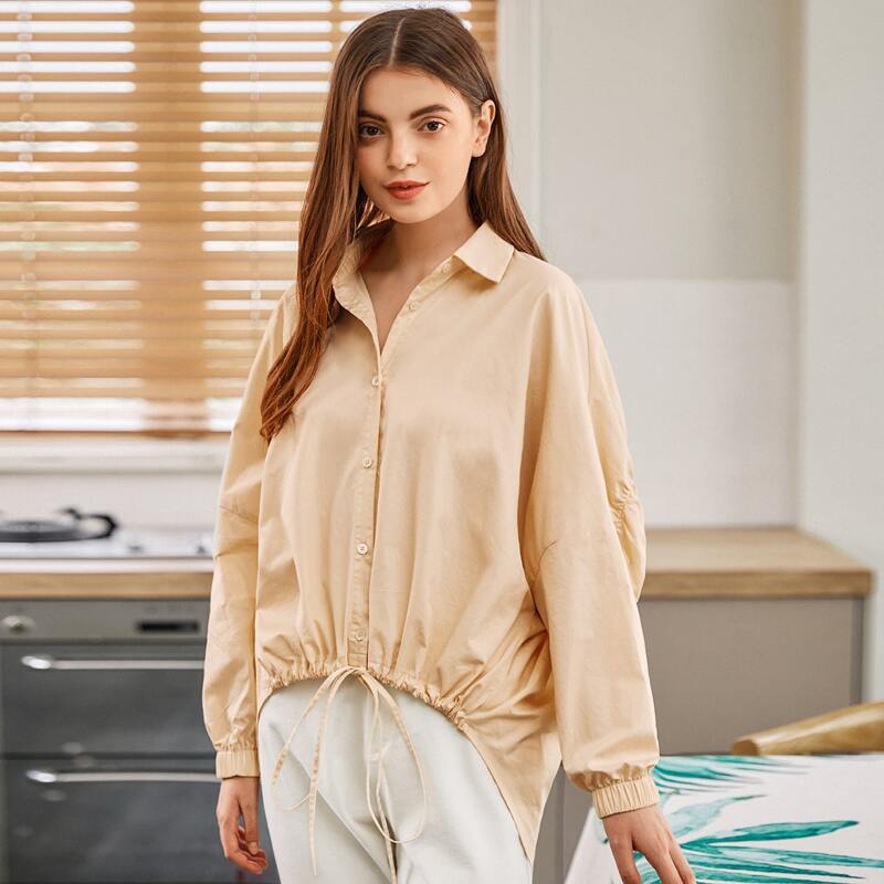 

Drawstring High Low Hem Drop Shoulder Blouse, Apricot