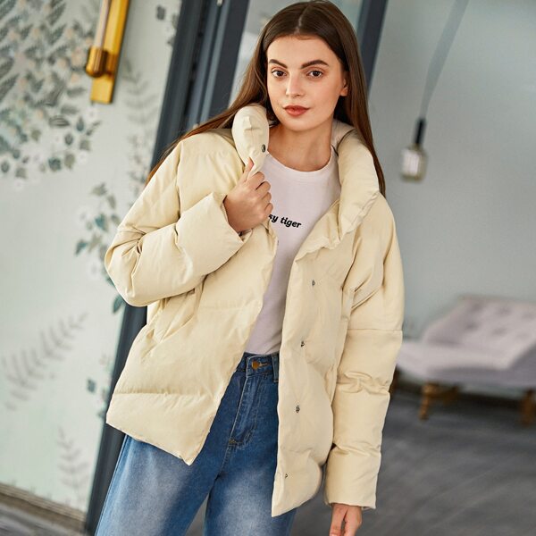 

Drop Shoulder High Neck Button Front Puffer Coat, Beige
