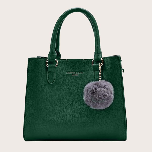 

Pom Pom Decor Letter Graphic Satchel Bag, Green